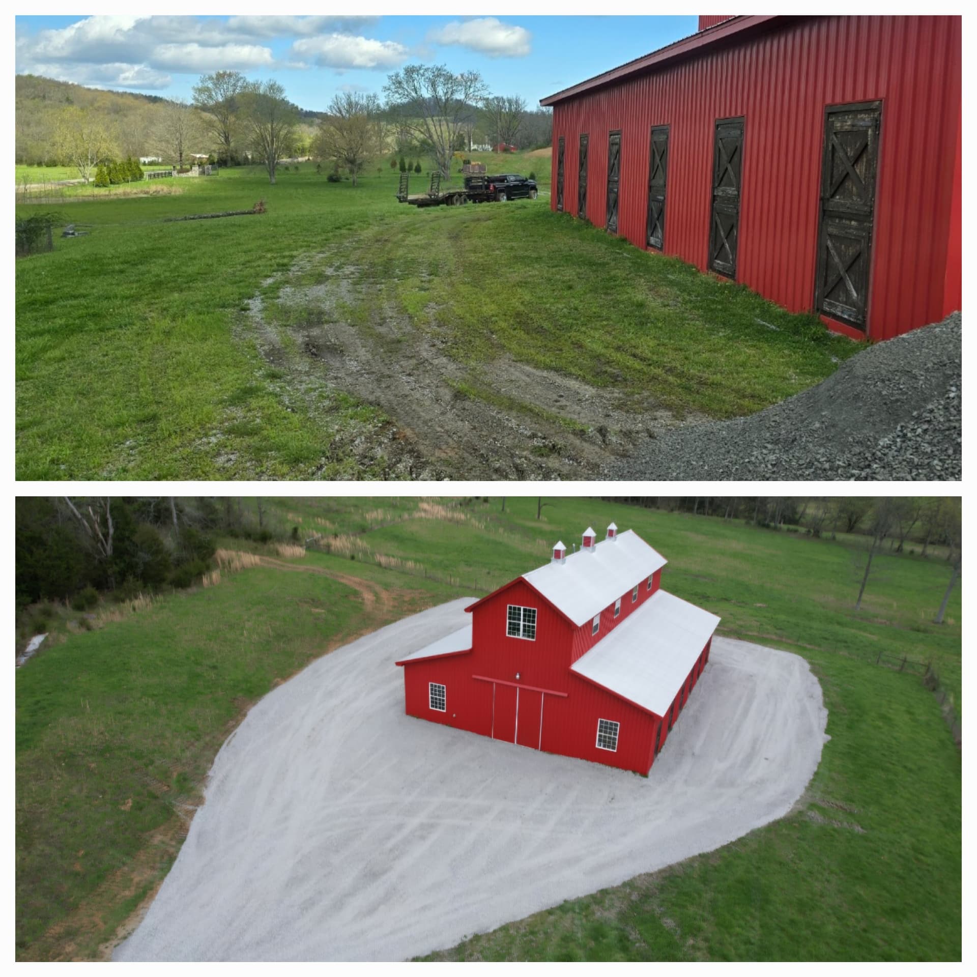 Before and after driveway work near a barn